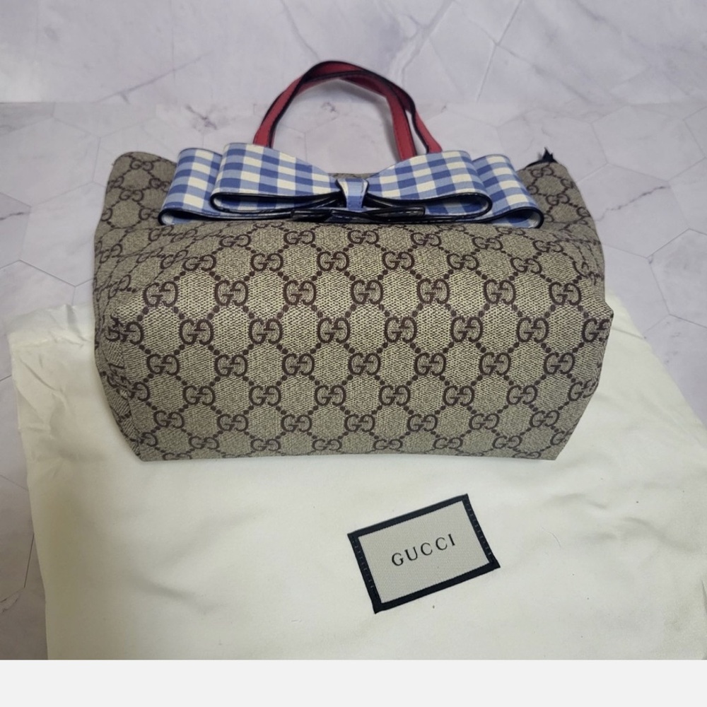 Gucci Brown and Blue Gingham Bow Tote - Picture 3 of 5